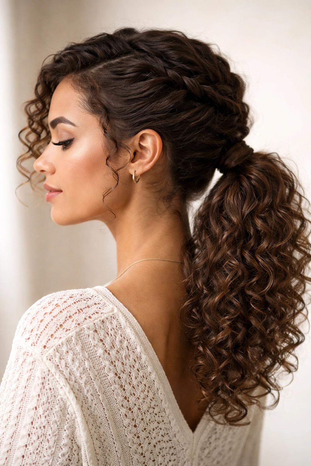10 Easy Curly Hairstyles You Can Wear Every Day 7 Close-up side view of a curly hairstyle featuring a twisted side ponytail