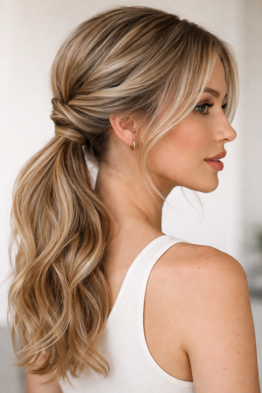 Close-up of two loose twists forming a side ponytail at the nape.