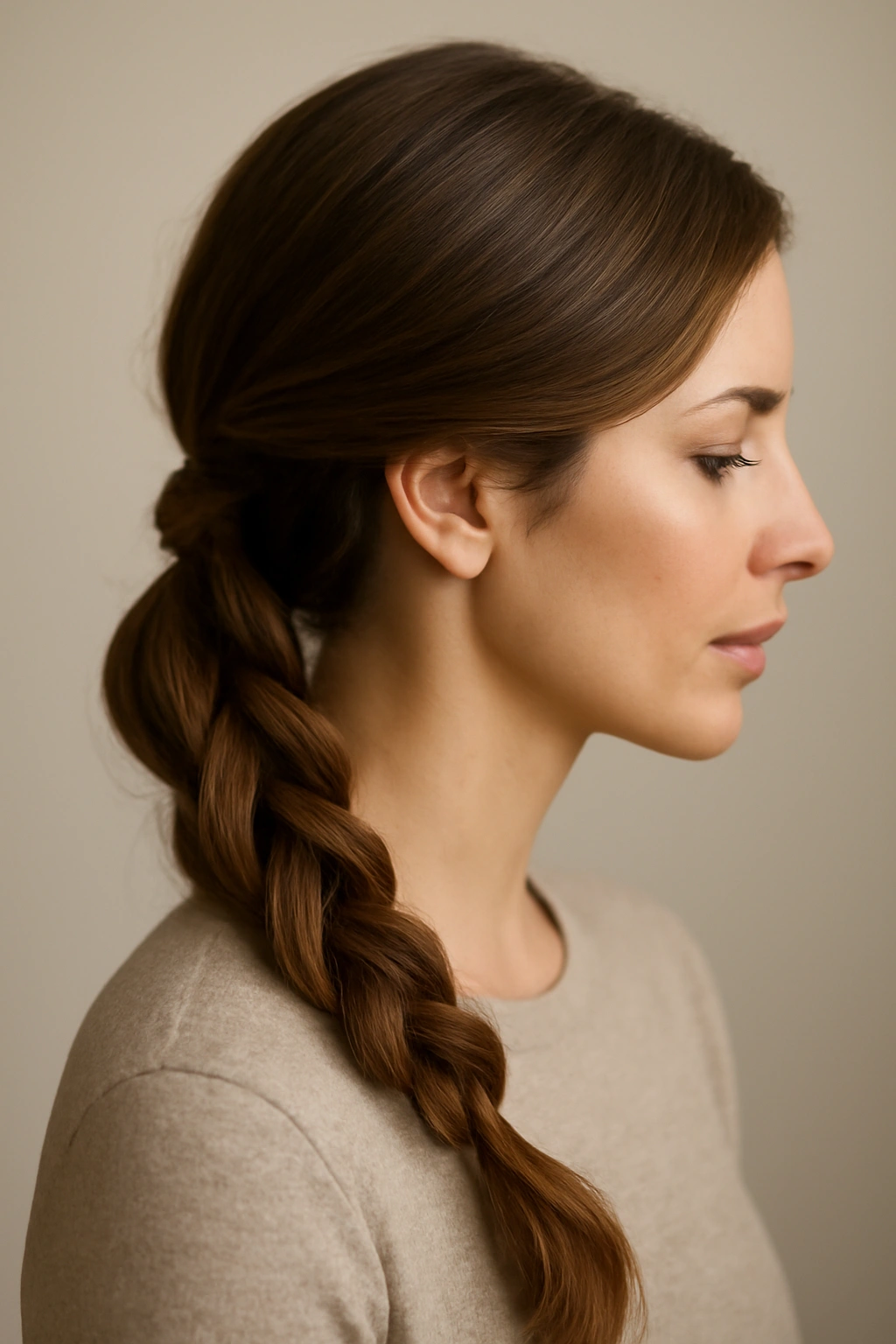 Close-up of a twisted side ponytail showing rope-like texture