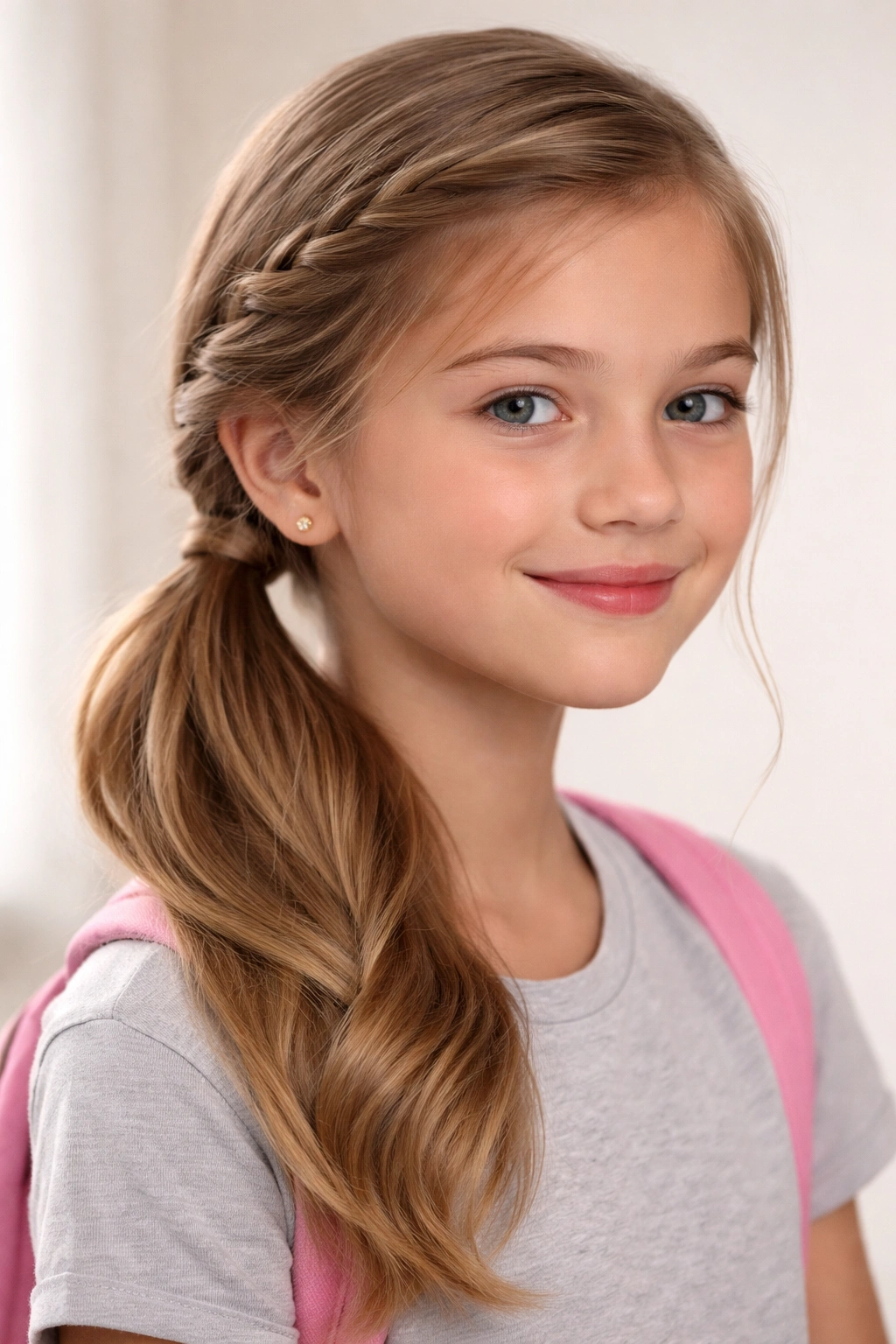 Close-up of a young girl's twisted side ponytail hairstyle, face partially visible