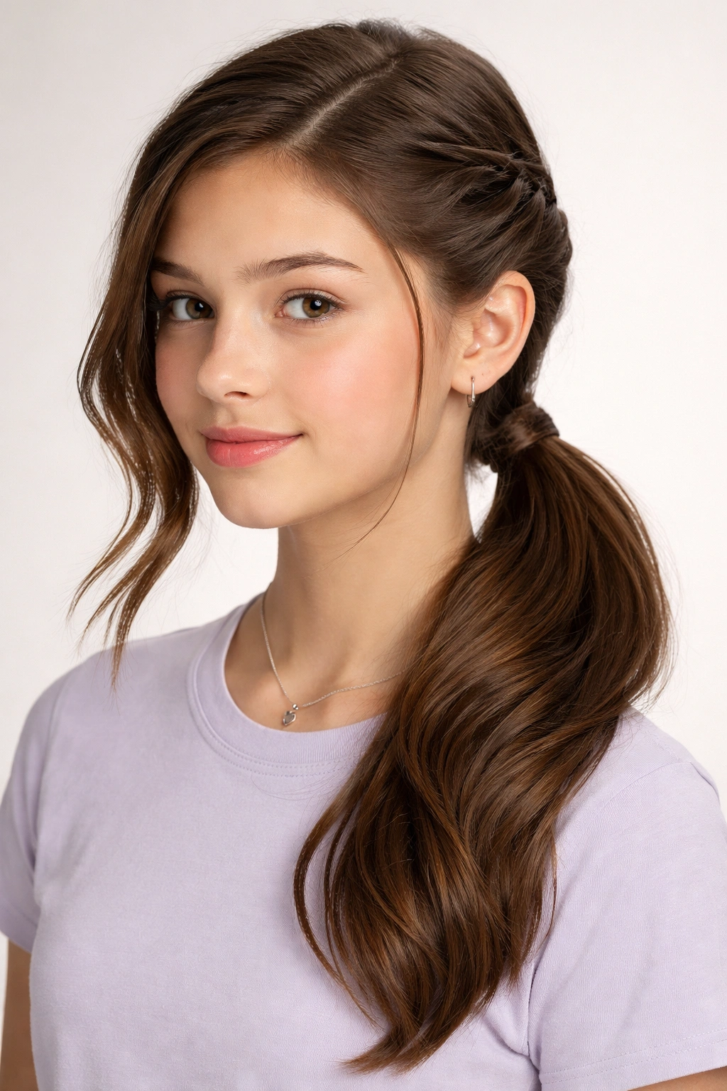 Twisted side ponytail with diagonal twists to a low ponytail