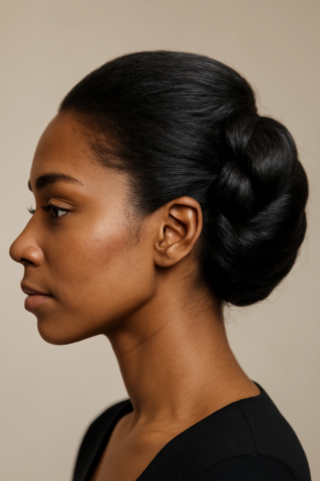 12 Elegant French Roll Updos Every Black Woman Needs 3 Side profile of a twisted side French roll with a prominent twist near the ear