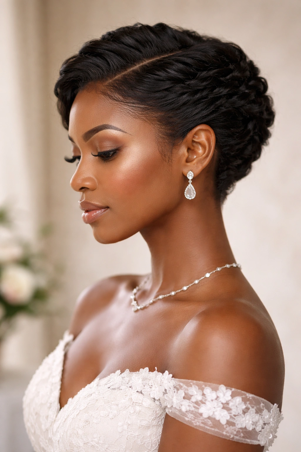 Short hairstyle with twisted sides forming an elegant bridal look