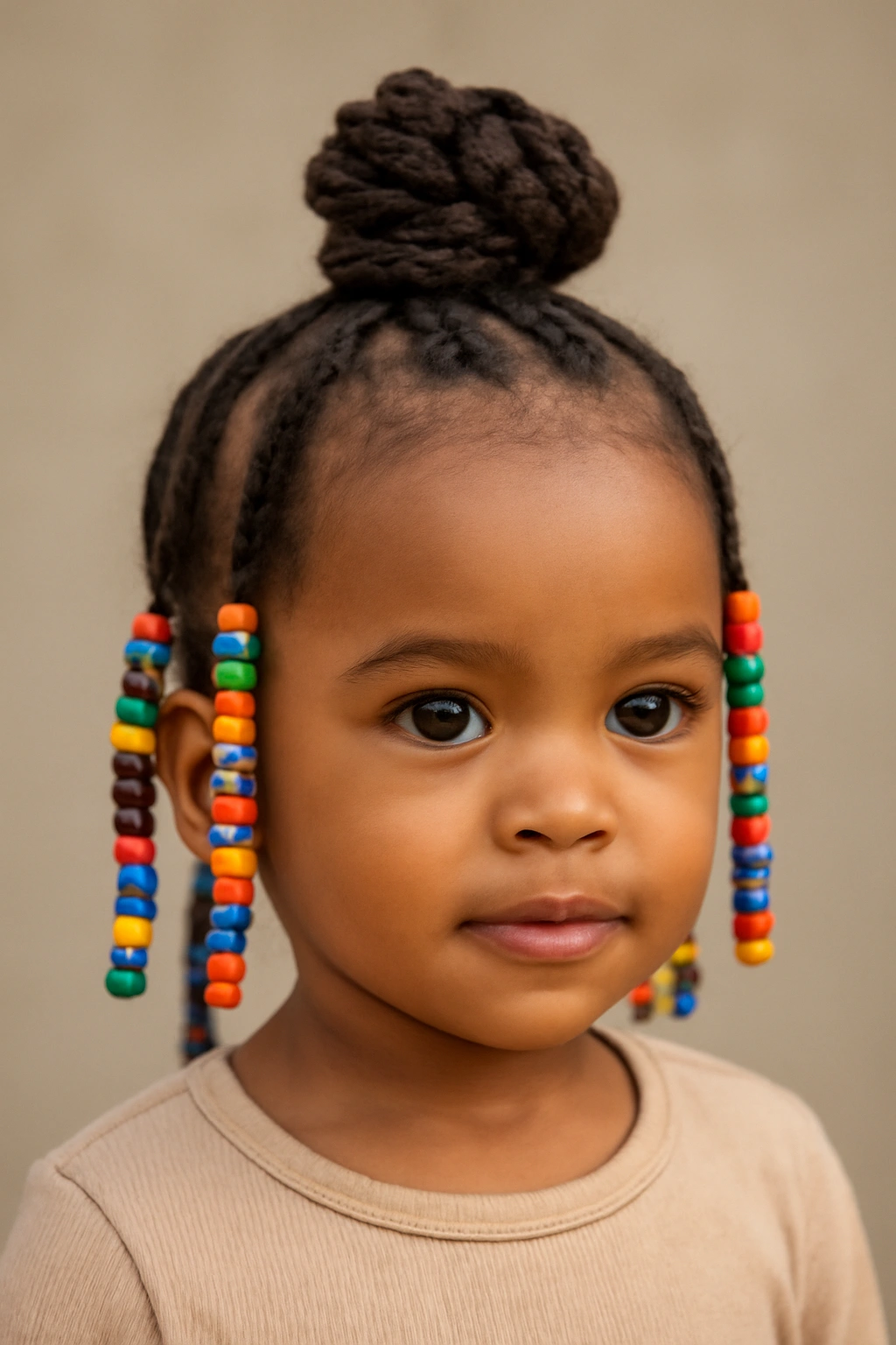 12 Cute Beaded Hairstyles Your Toddler Will Love 9 Toddler with a twisted topknot adorned with beads at the crown.