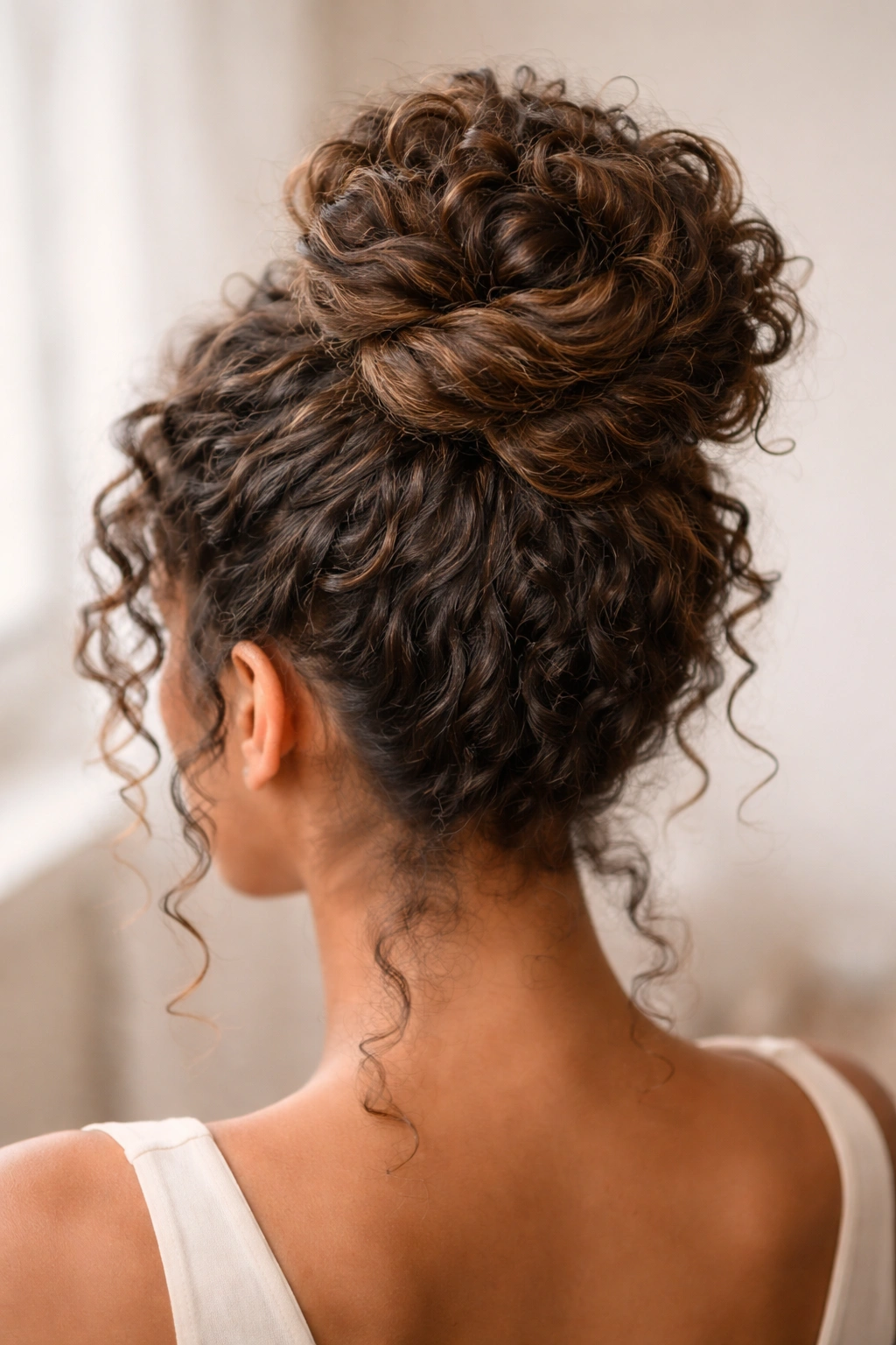 10 Easy Curly Hairstyles You Can Wear Every Day 5 Top-down view of a twisted topknot bun with curly texture