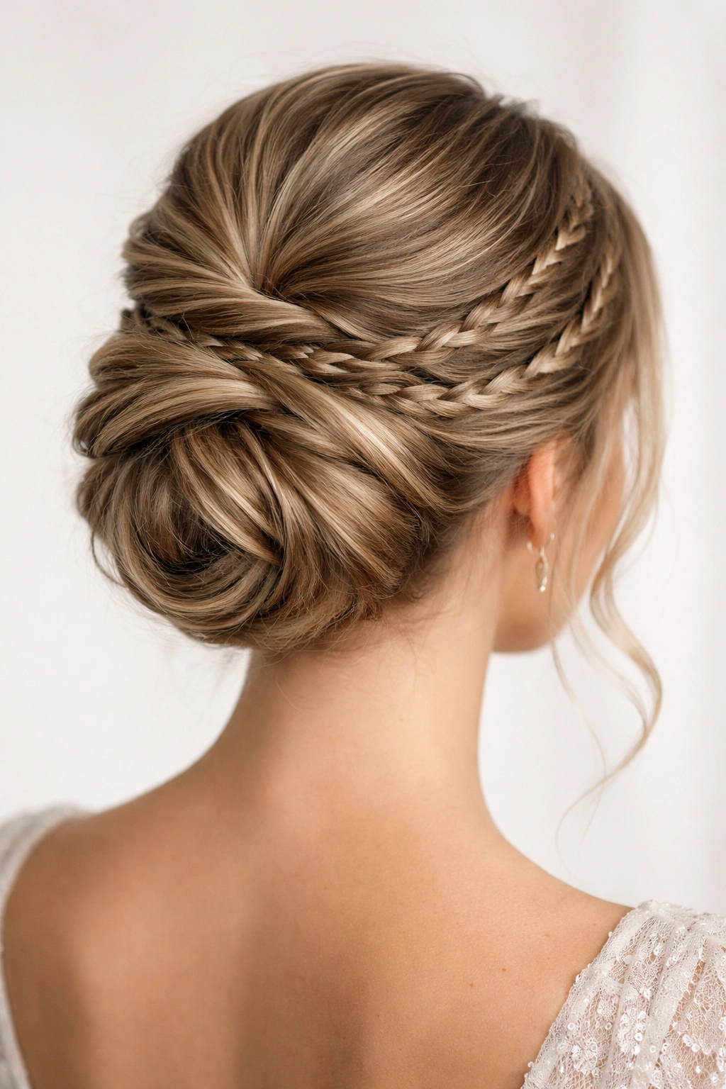 Back view of twisted updo with braided accents