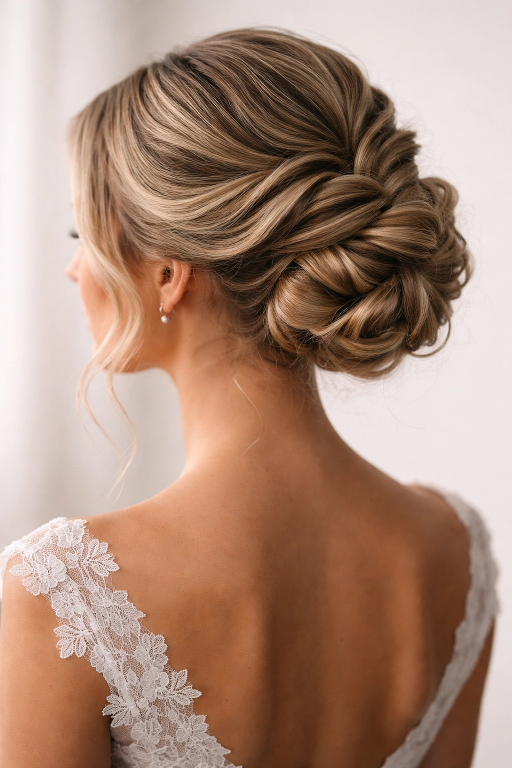 Profile view of a twisted updo with interwoven twists pinned at the nape