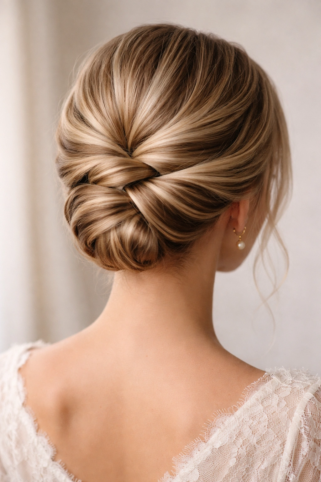 Low twisted updo with rose-like pattern secured with hair color pins