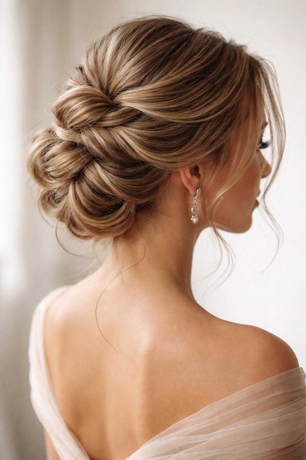 Elegant twisted updo with intertwined twists.