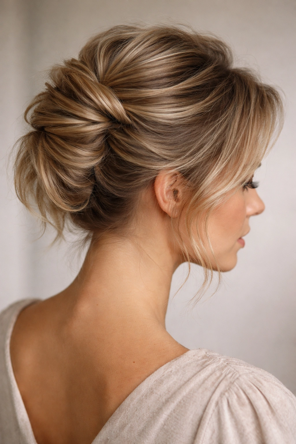 Short hair twisted at the crown with added volume and face-framing wisps