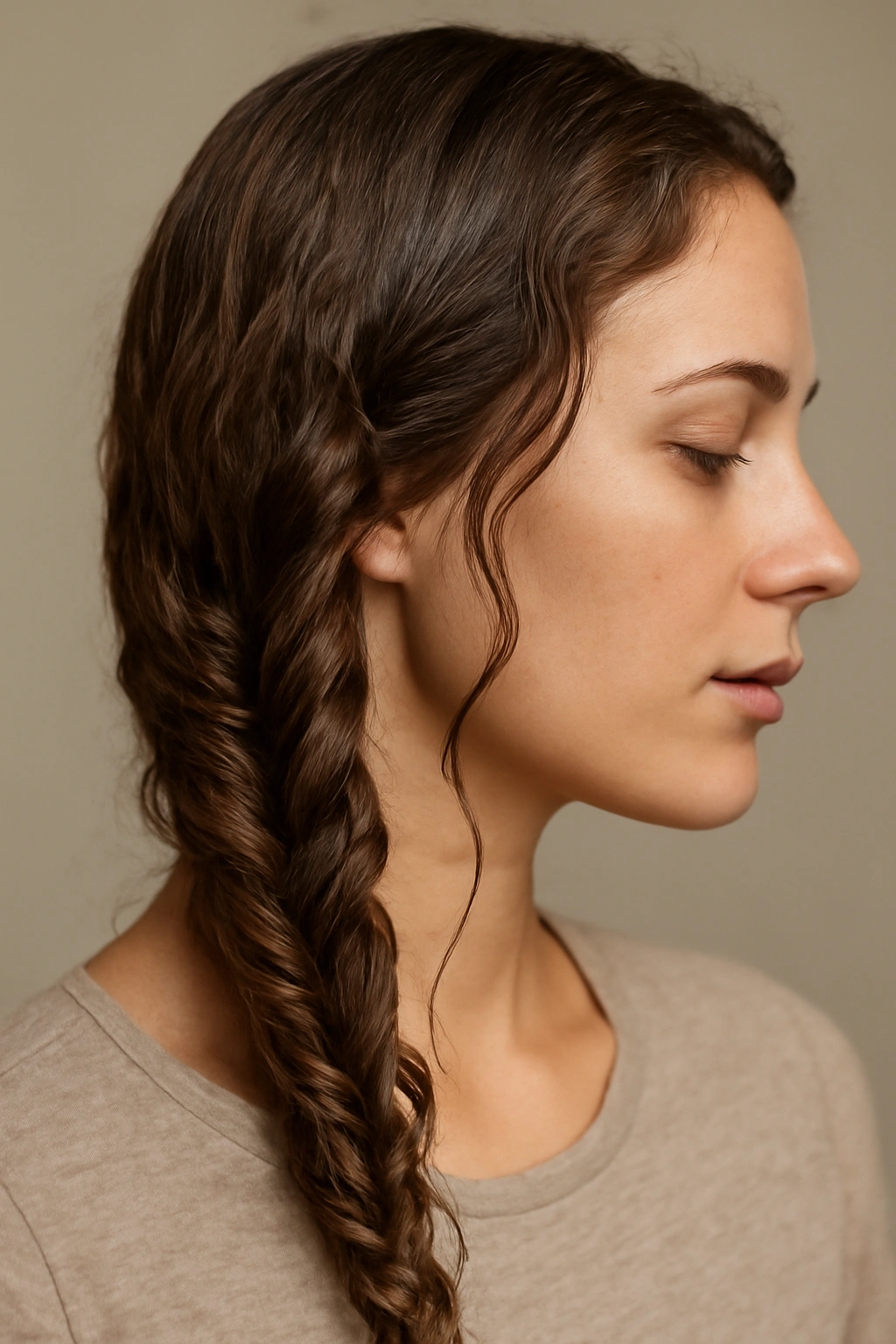 15 Natural Wavy Hairstyles You Can Air Dry Easily 14 Side-profile close-up of hair with loose twists producing soft waves on one side