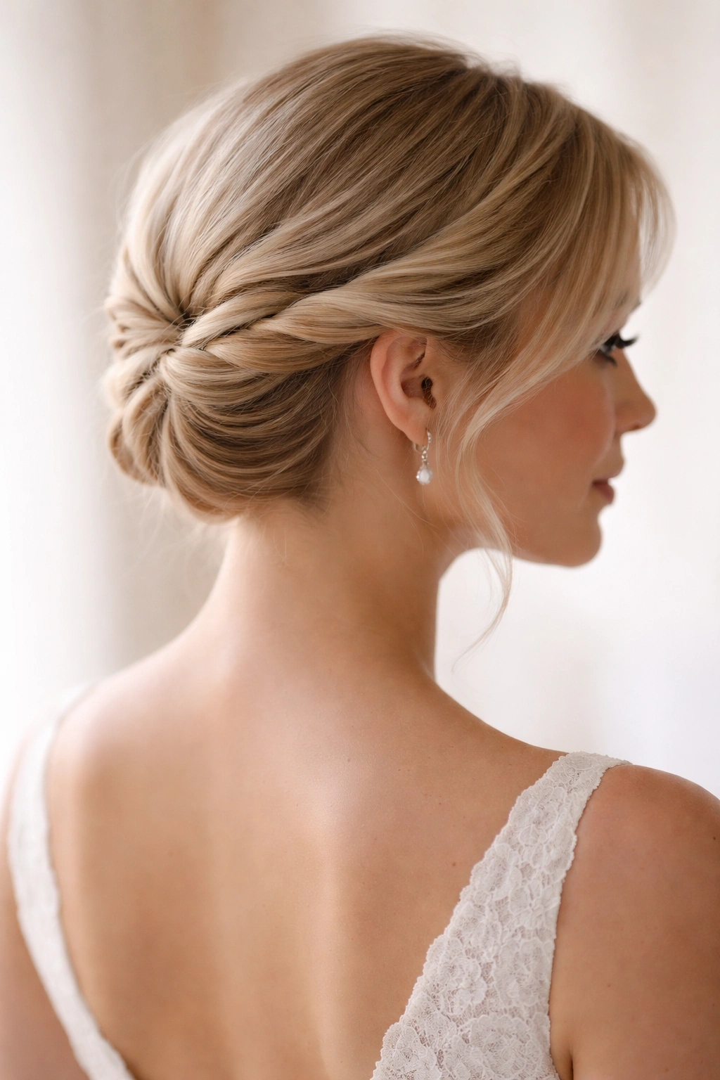 Two loose temple twists wrap around the back of the head in a bridal style