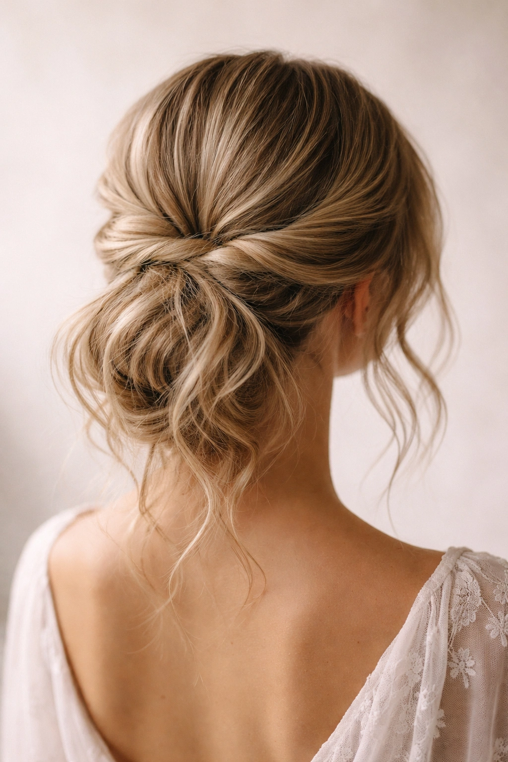 Back view of a twisted wrap updo with a loose center for a romantic, undone look.