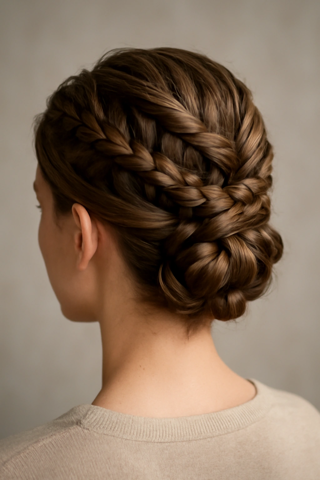 Intricate updo with twists and braids at the nape