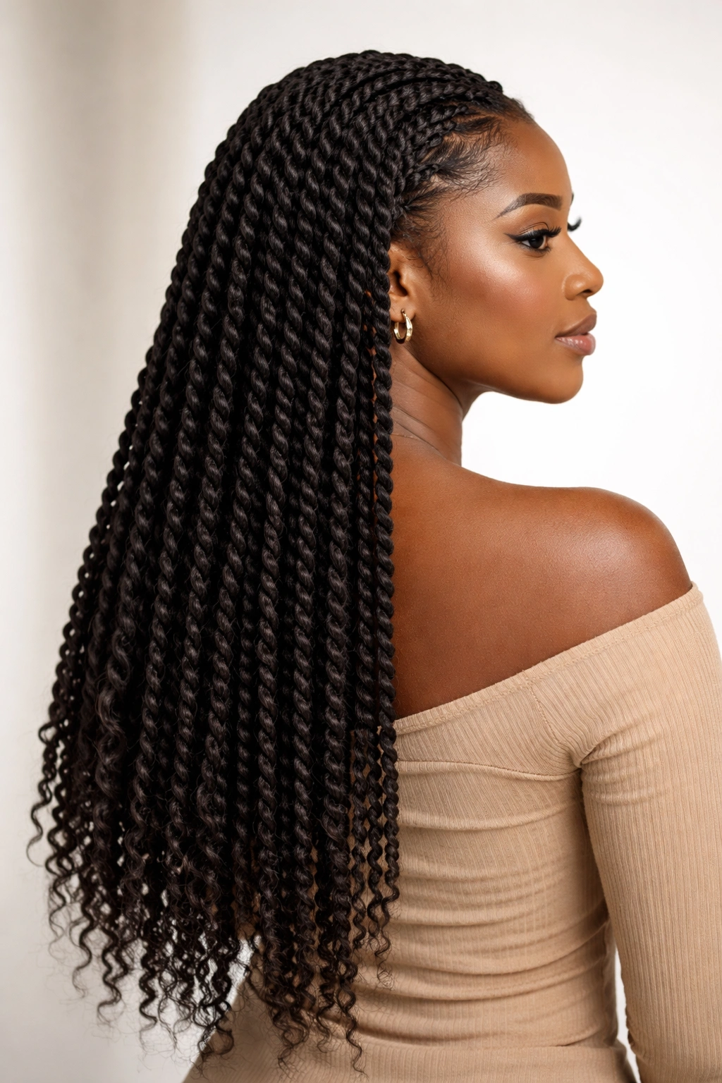 Back view of long two-strand twists past the shoulders