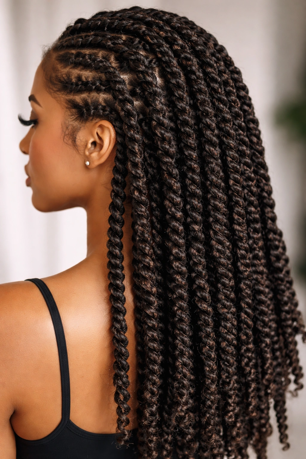 Two-strand twisted faux locs with tight spiral texture