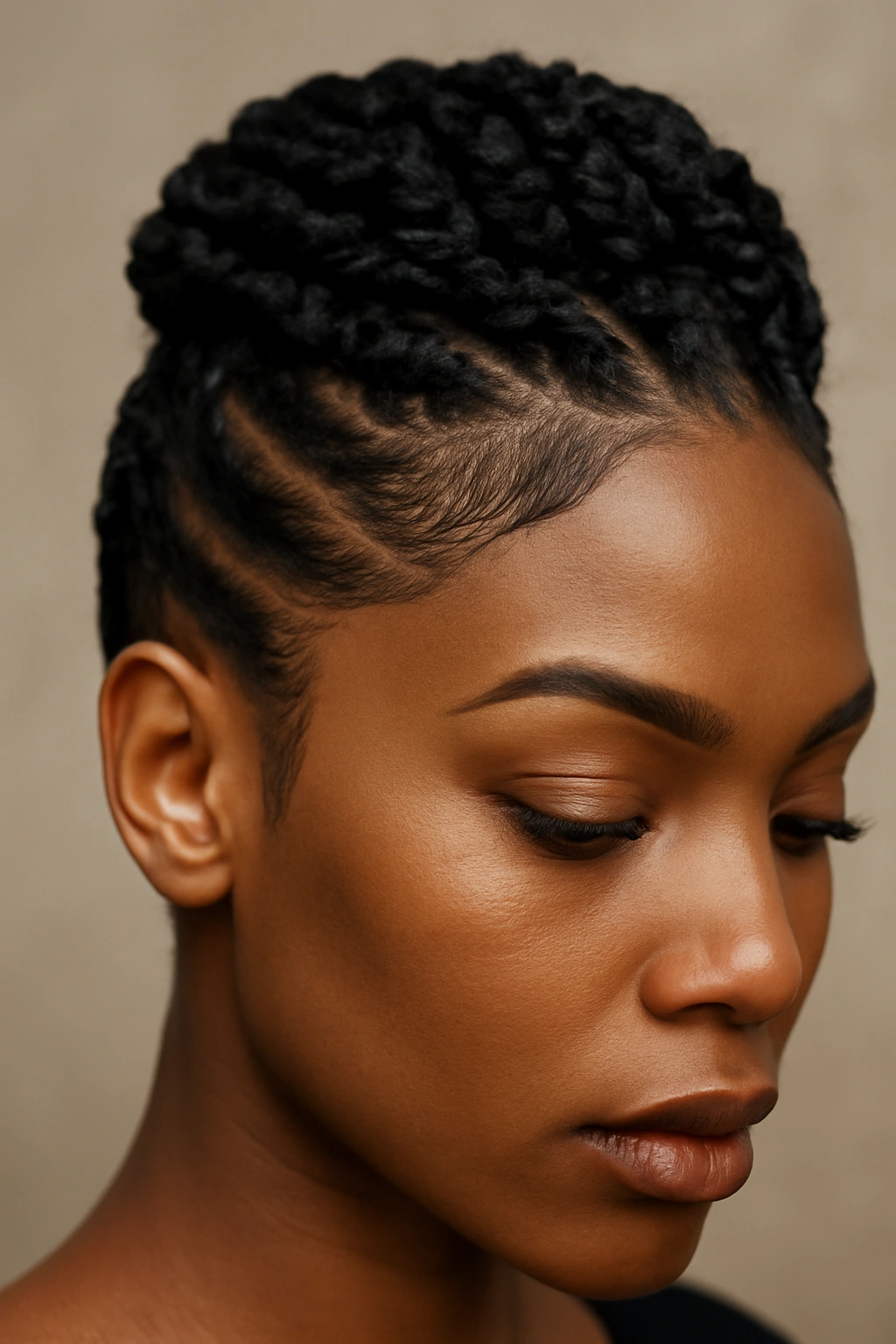 30 Short Haircuts for Black Women 25 Close-up of a Black woman's crown with two-strand twists and razor-sharp edges.