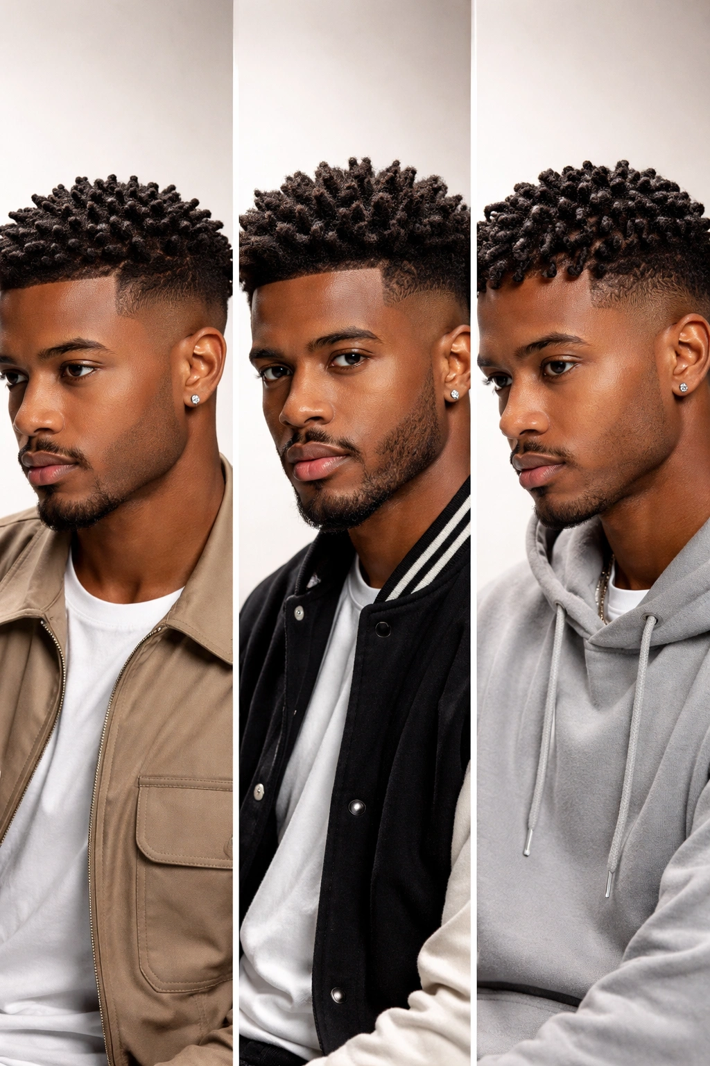 Three-quarter portrait of a Black man with twists and curls: short twists, sponge twists, finger coils
