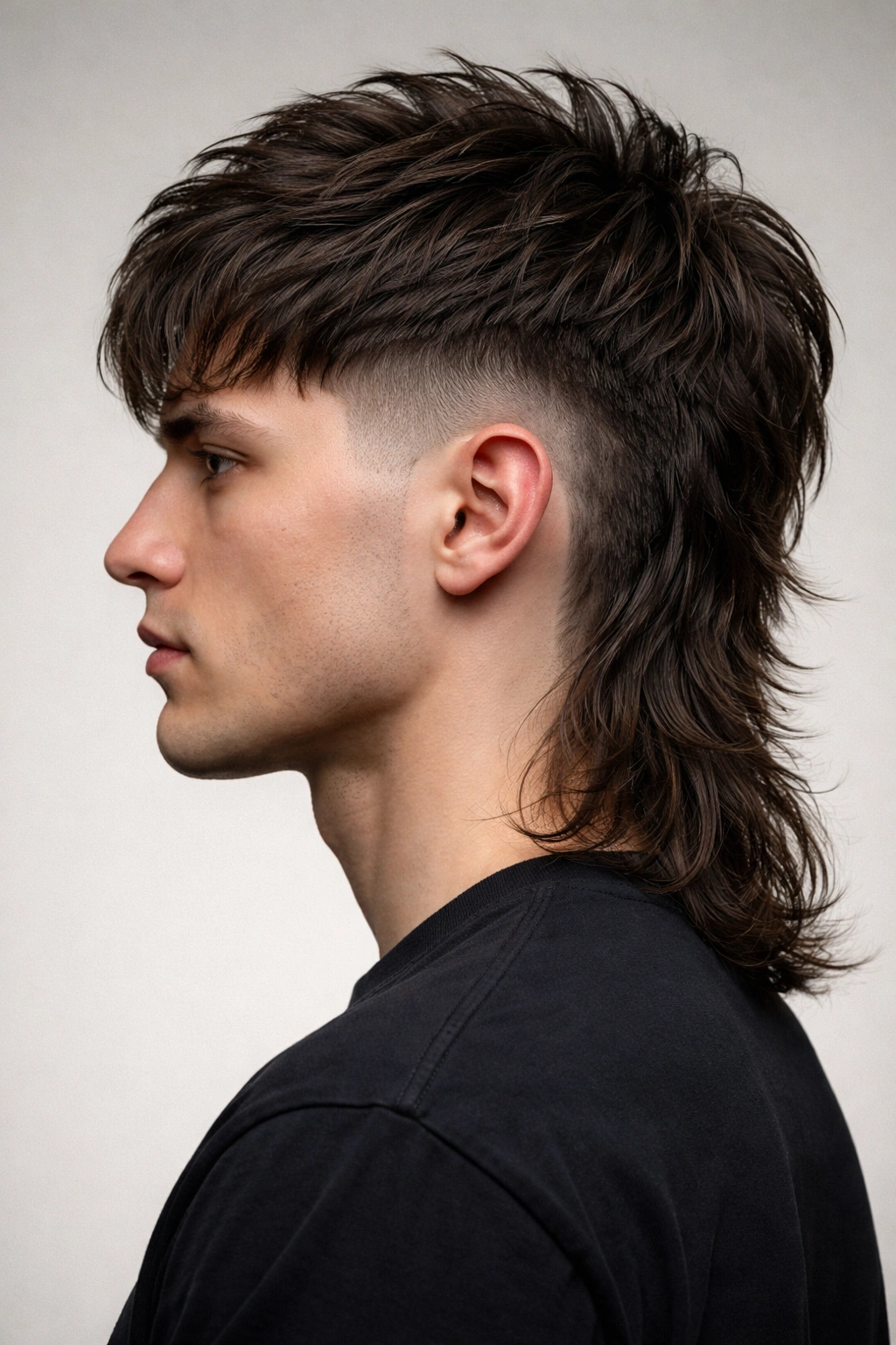 Side profile of a two-block mullet showing distinct long top and short undercut