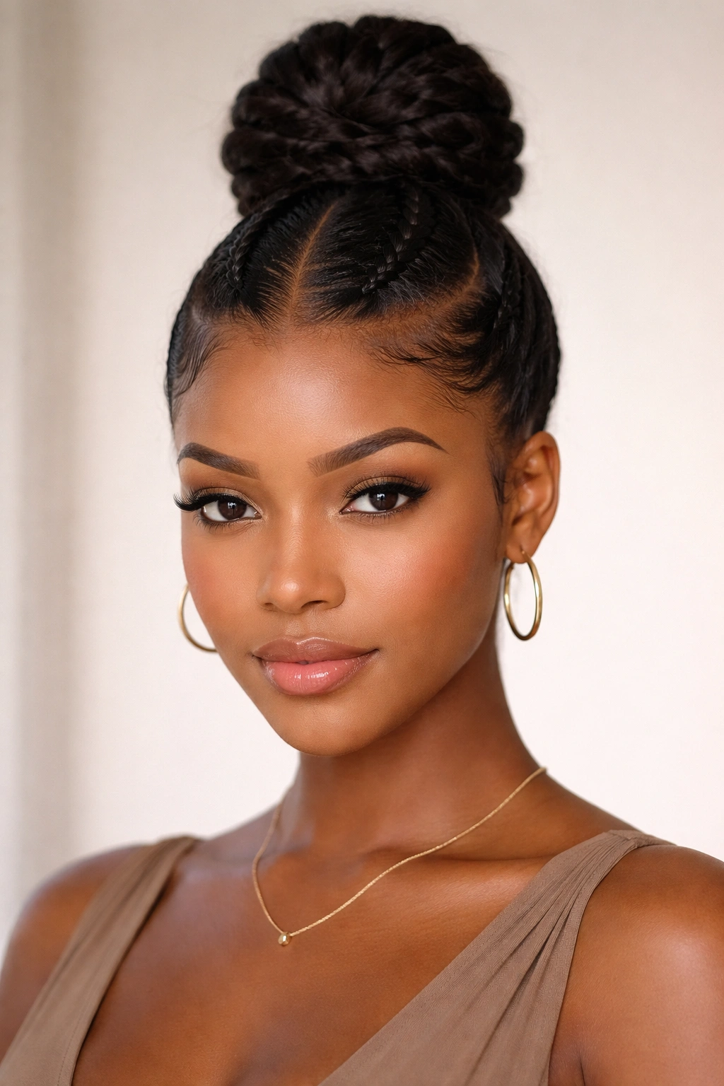 10 Two Braid Natural Styles Black Women Love 7 Close-up portrait of a person with a two-braid high bun; sleek protective updo