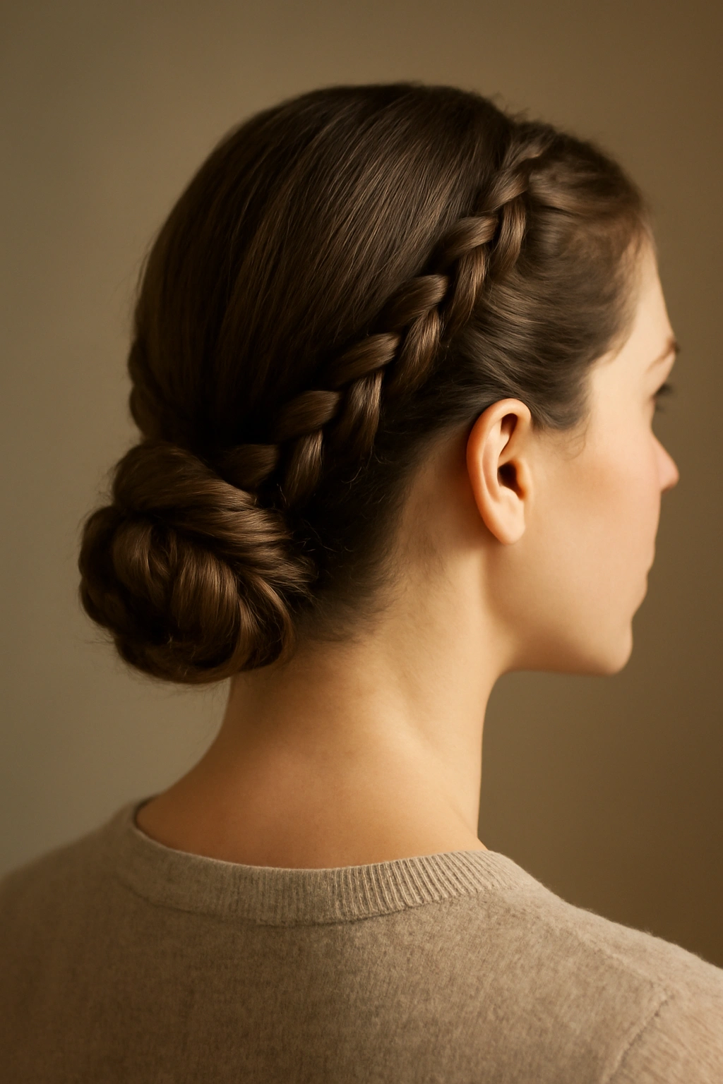 Two-spiral braid variations on sides converging into a low bun