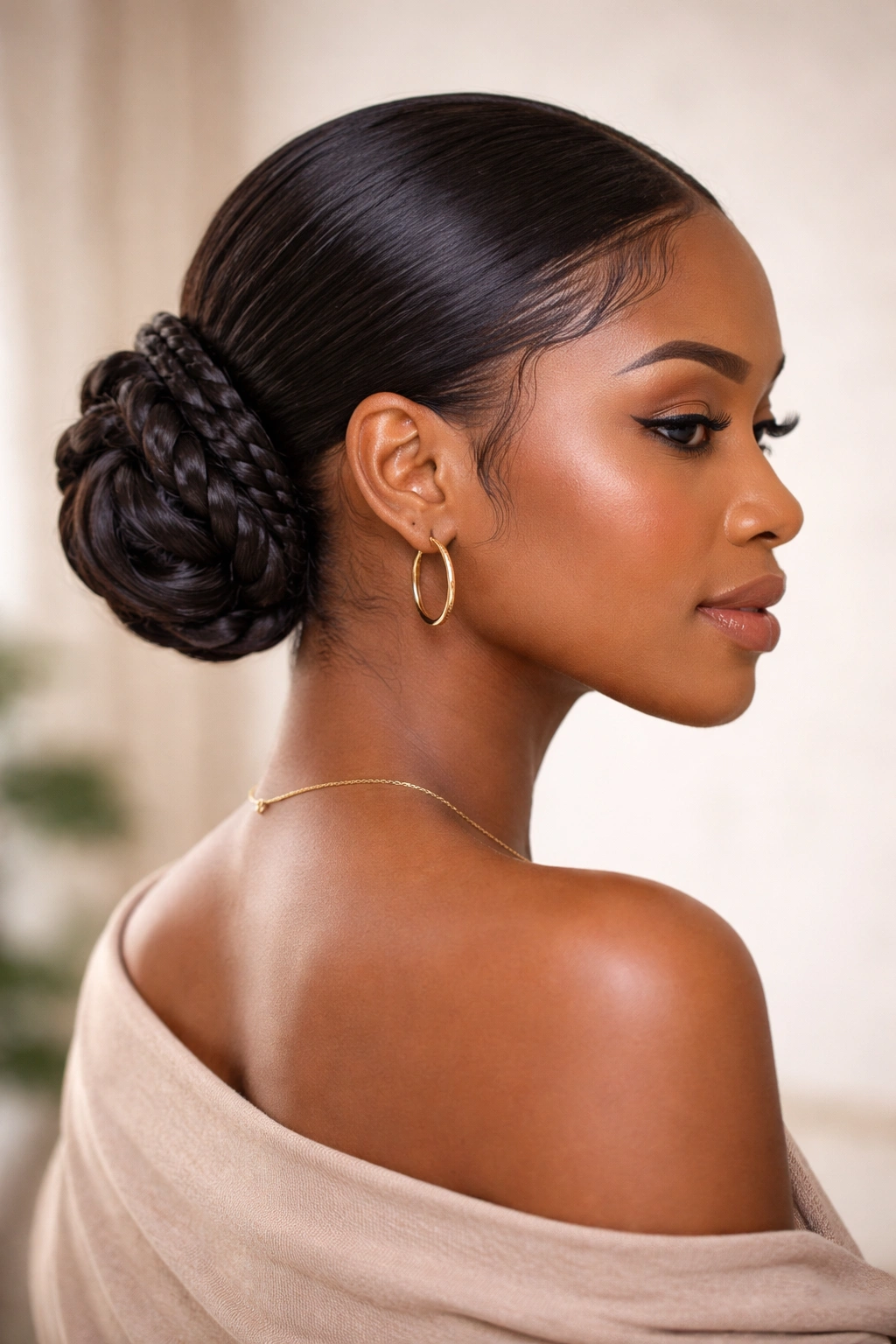 Close-up portrait of a Black woman with a two-strand low bun in a studio