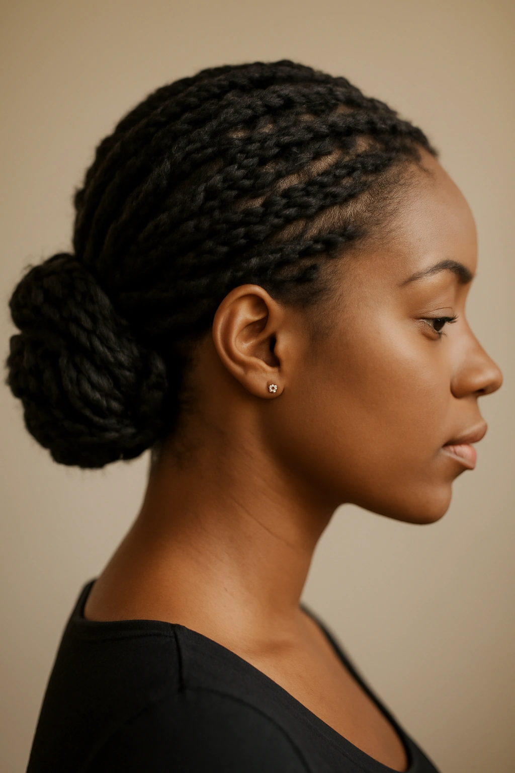 10 Elegant Low Bun Styles for Black Women to Try 5 Low bun formed from two-strand twists with visible spiral texture