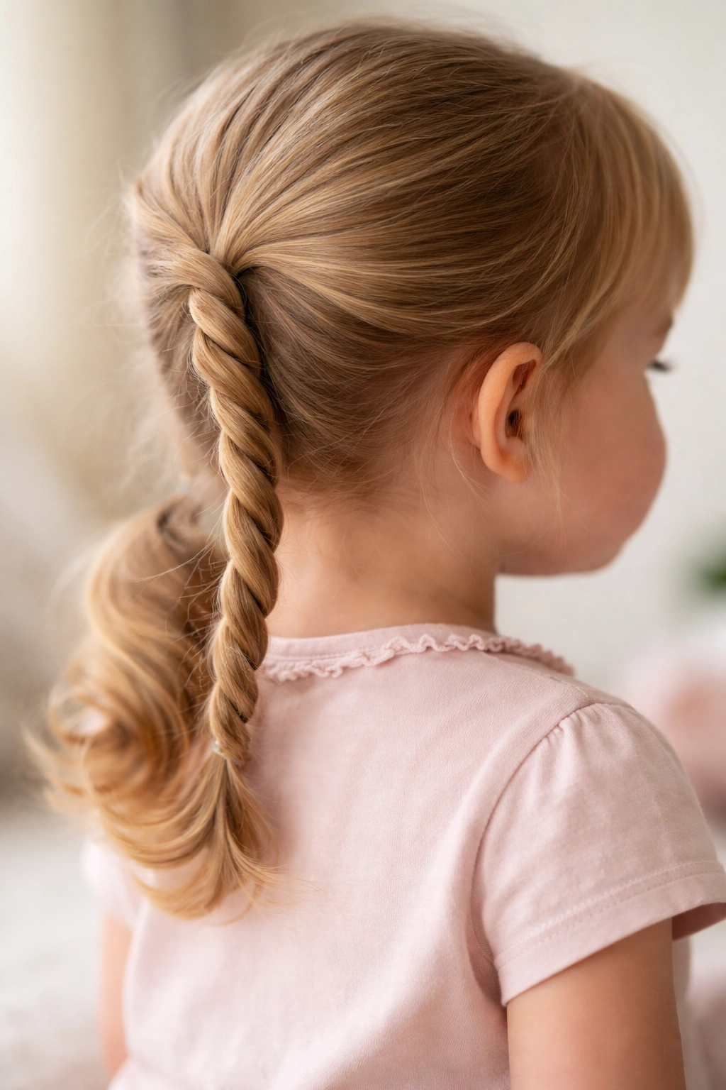Close-up of a toddler's head displaying a two-strand twisted braid with spiral texture