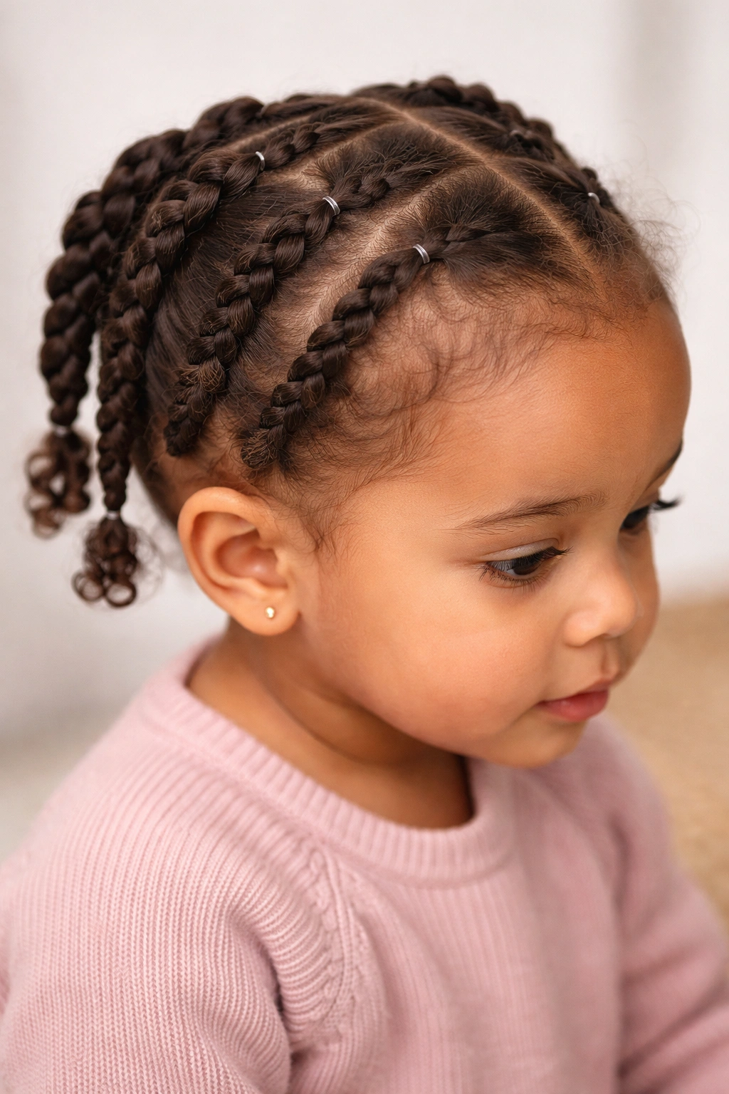 Close-up of a toddler's head with two-strand twists secured with small elastics.
