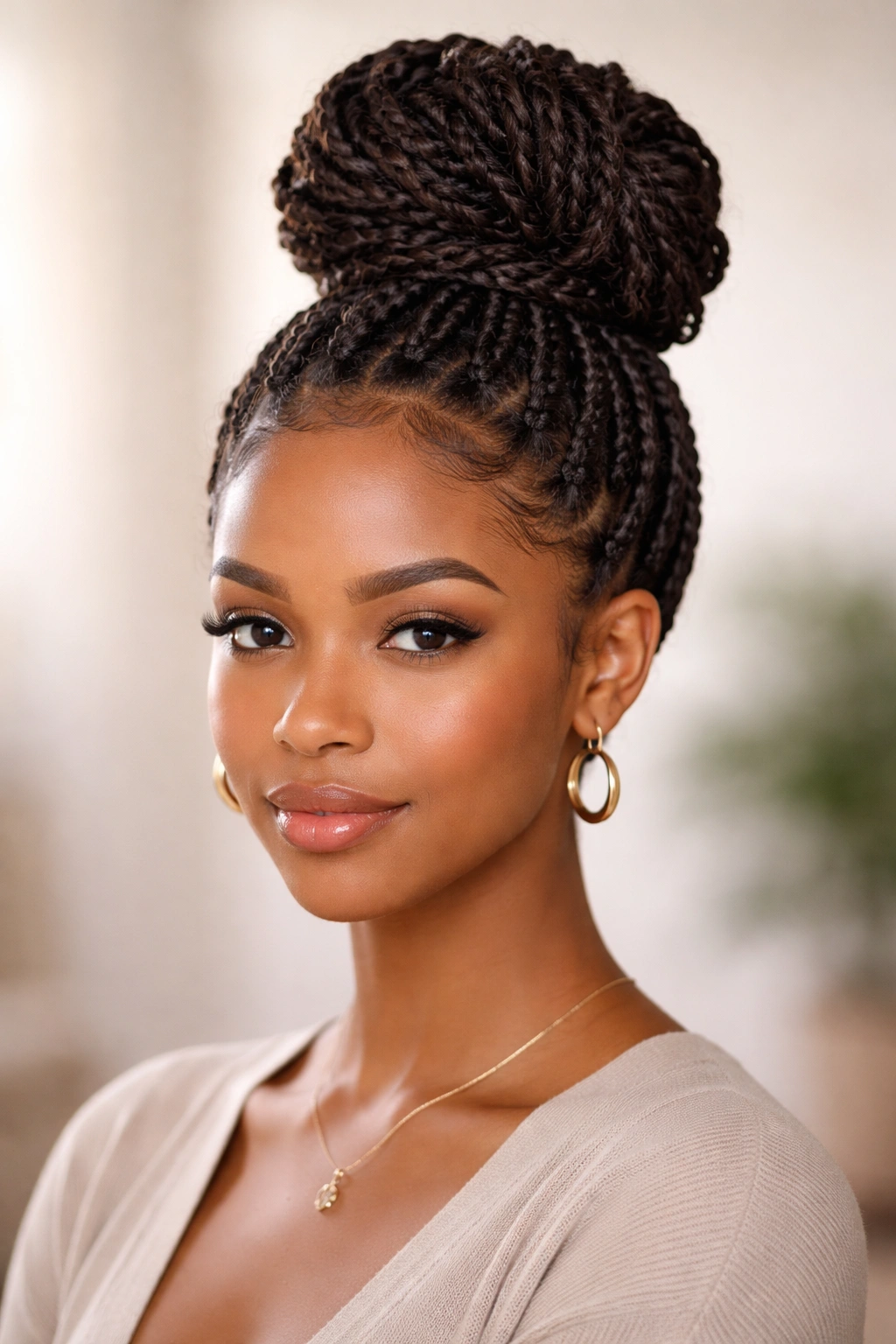 High bun formed from two-strand twists showing textured fibers