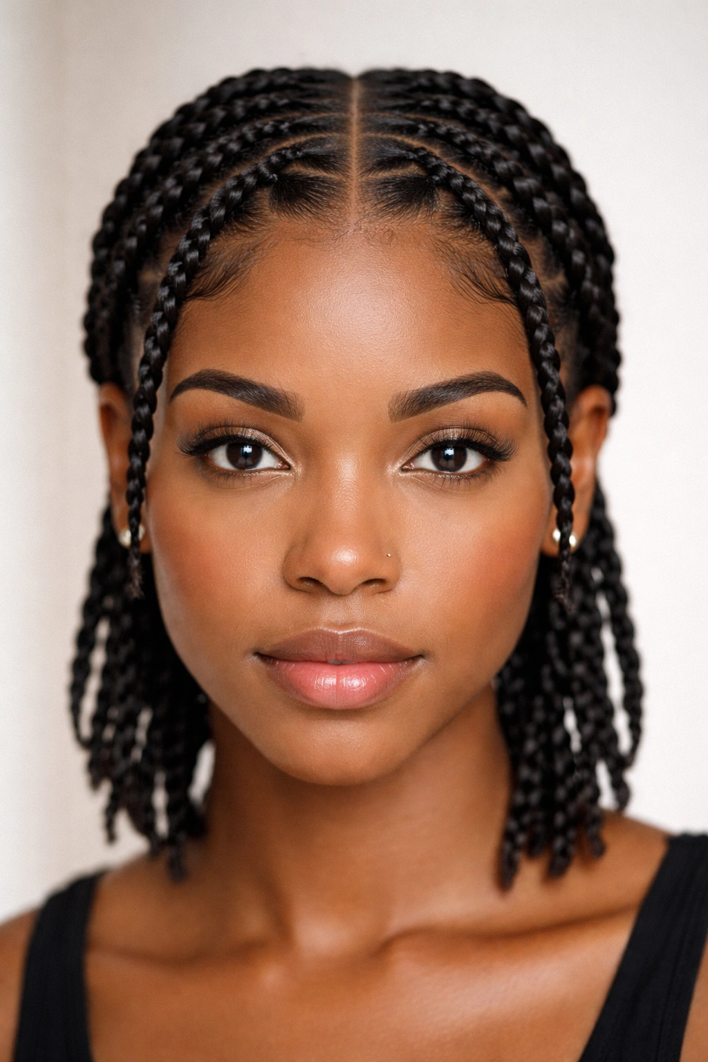 Two-strand twisted cornrows with center part on short hair