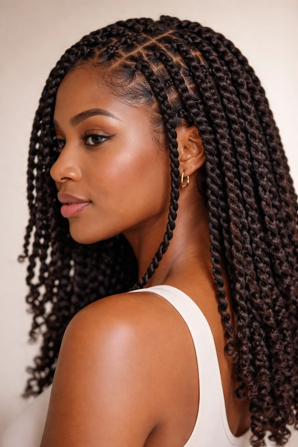 Head with multiple two-strand twists distributed across the scalp