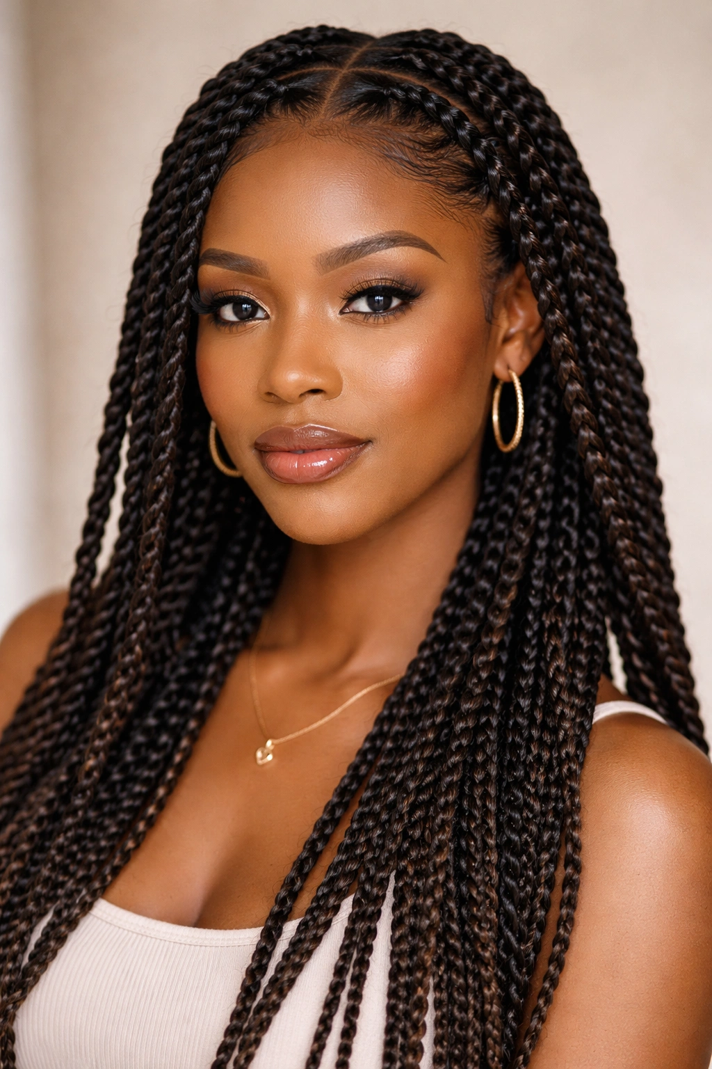 Close-up of a Black woman's head with two-strand twists from root to tip, with subtle extensions