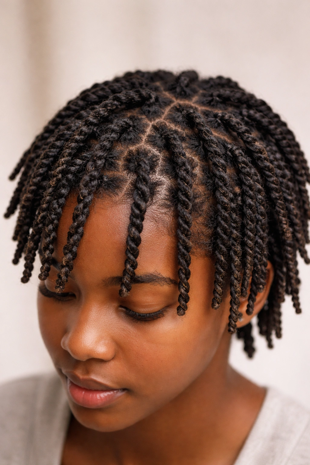 Close-up of tight spiral two-strand twists on short locs.