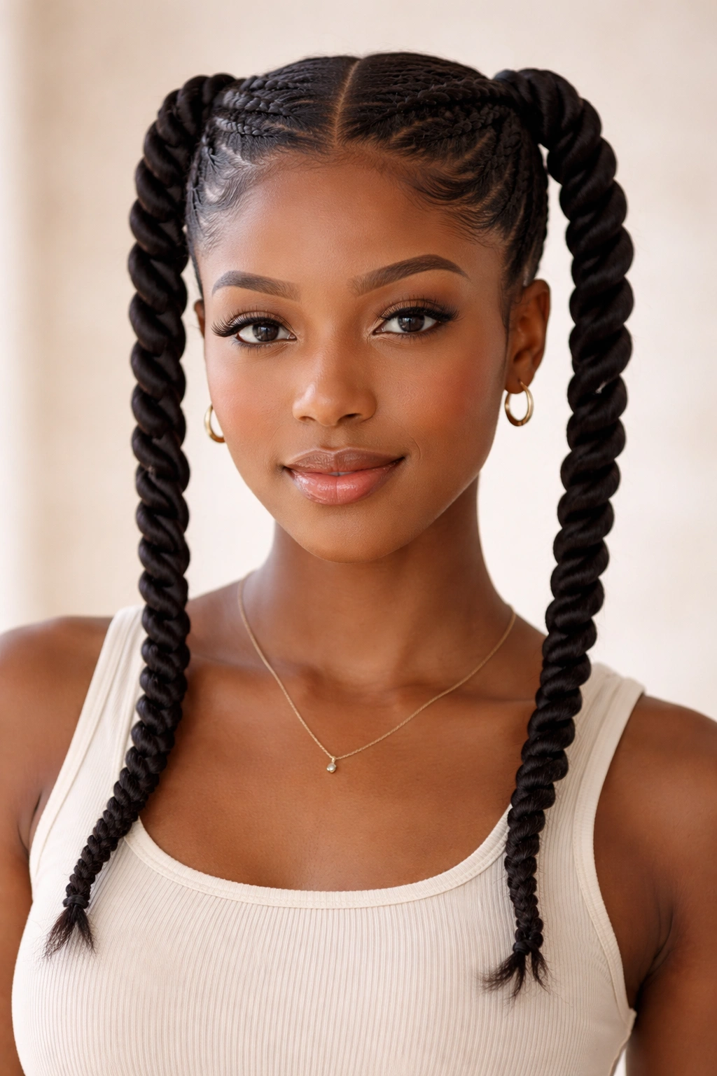 Close-up of classic two-strand twist pigtails on Black hair, showing tight spirals