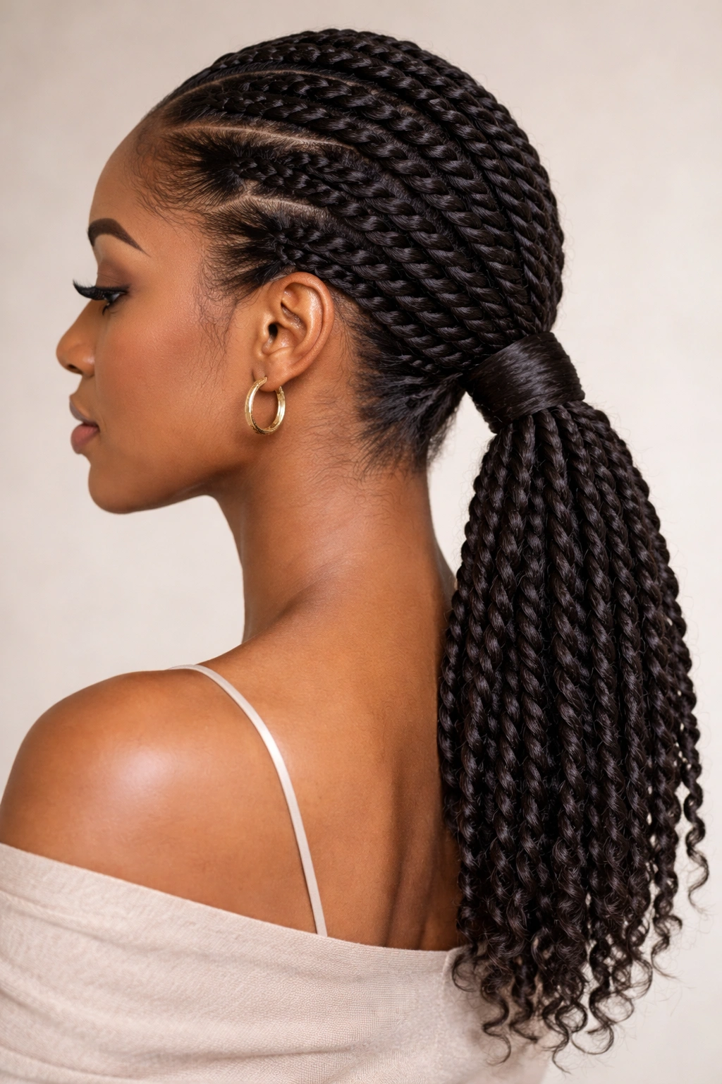 Two-strand twist ponytail with wrapped base detail.