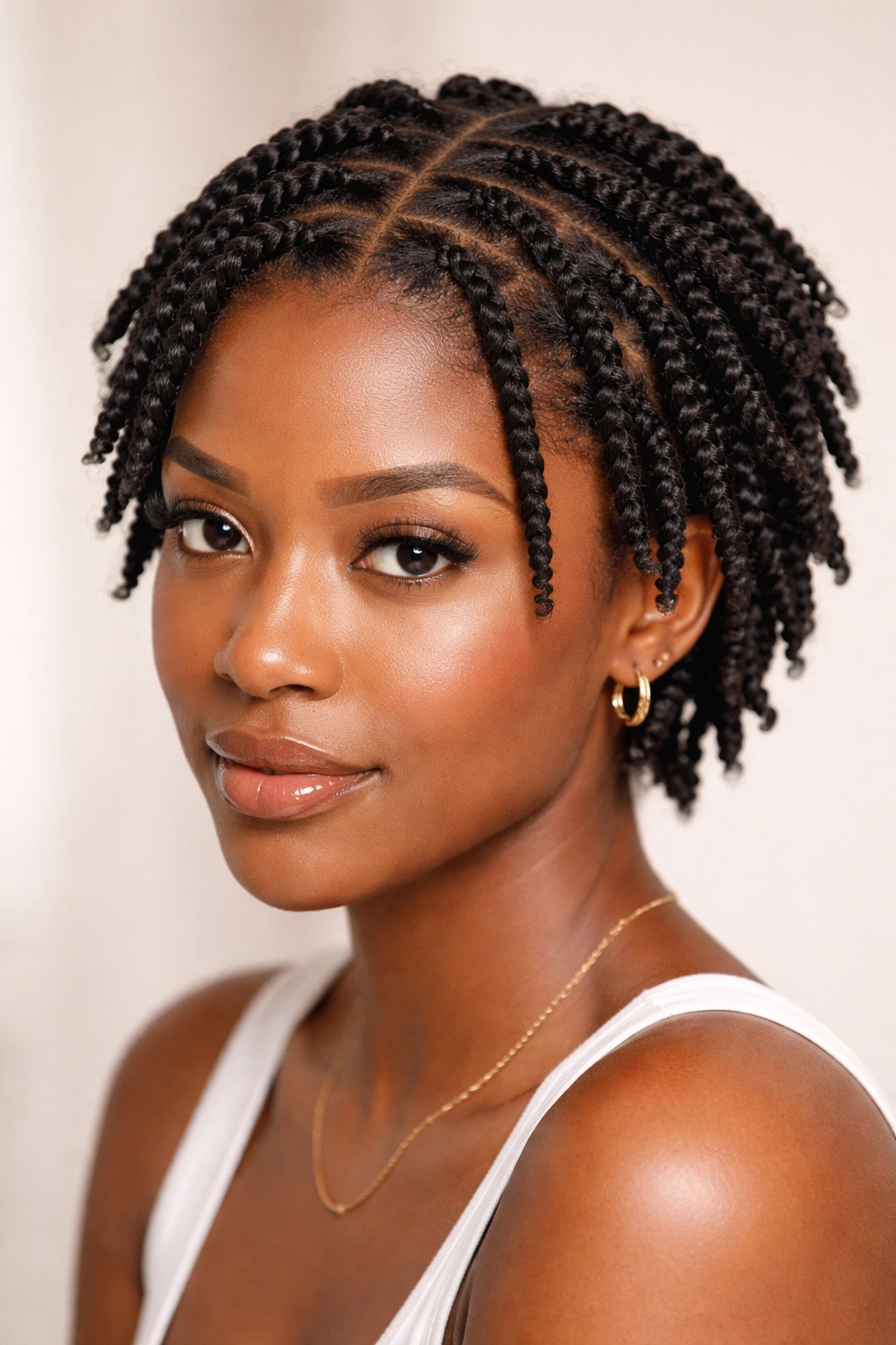 Close-up of a person with neatly defined two-strand twists in short natural hair under studio lighting