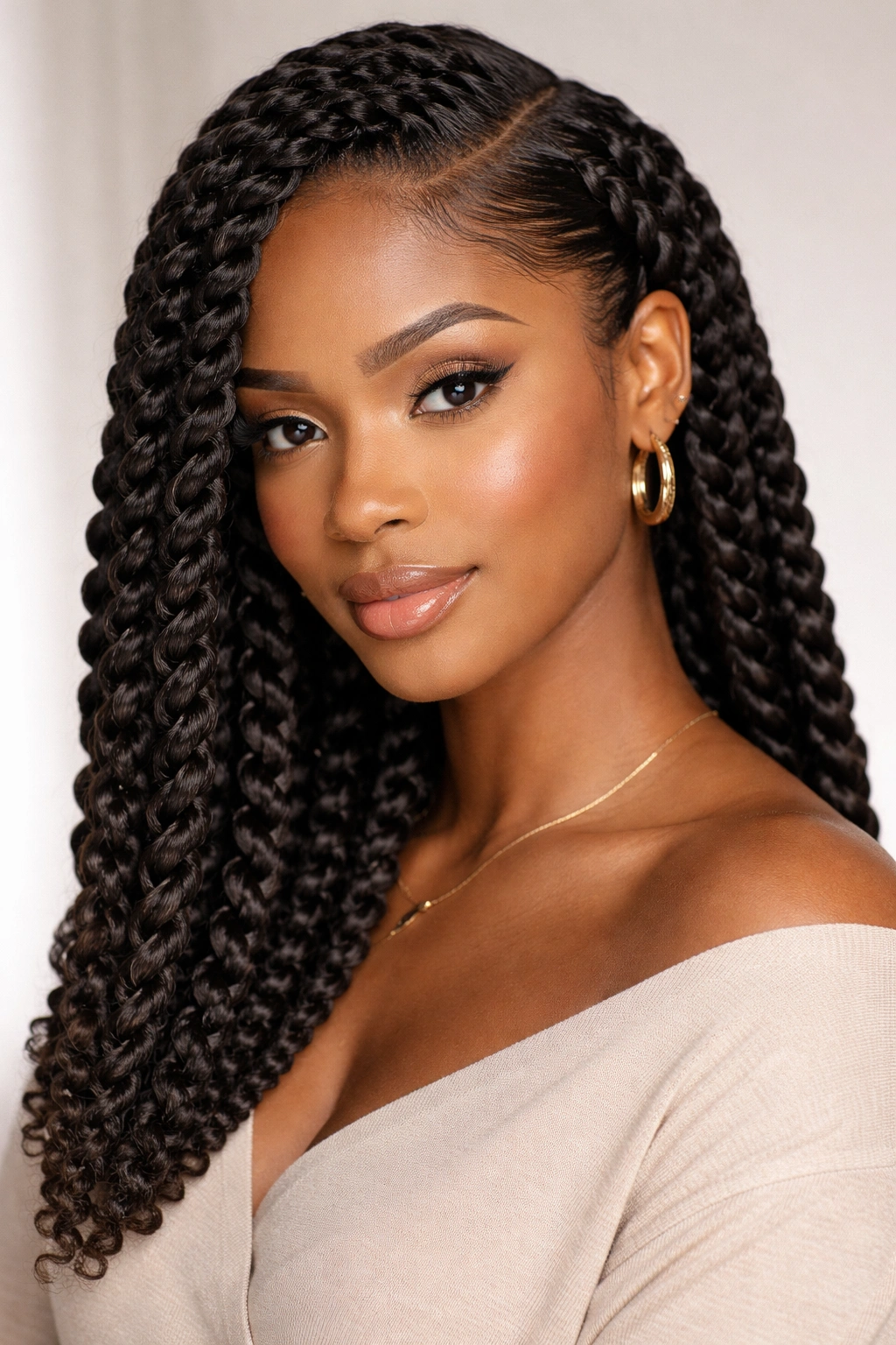 Two-strand twists with a side part on a Black woman, showing rope-like texture