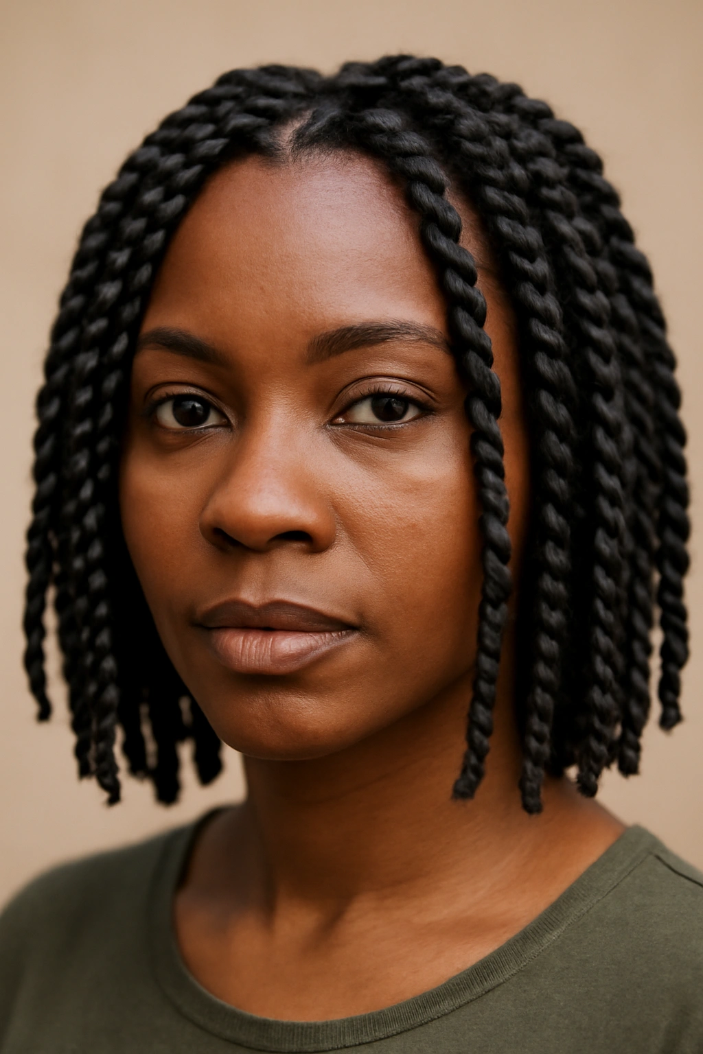 15 Short Braids for Natural Hair You Need to See 3 Close-up of two-strand twists with ropelike texture in studio lighting.