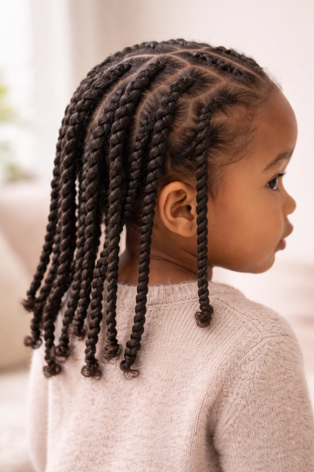 Close-up of toddler's hair in two-strand twists, protective hairstyle