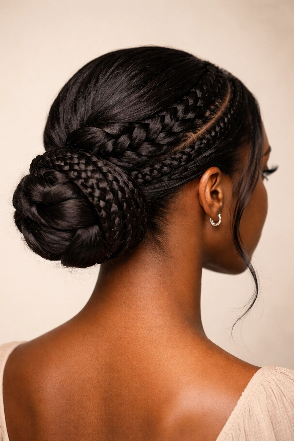 Two-texture mixed bun showing twist and braid.