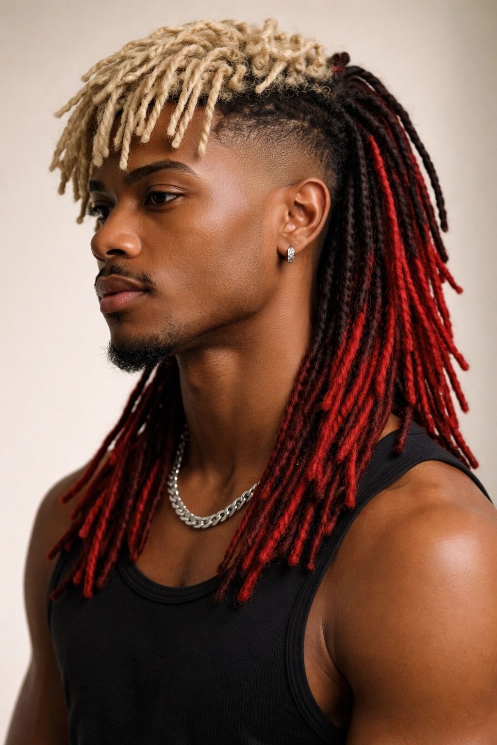 10 Mullet Loc Styles That Look Absolutely Stunning 4 Portrait showing two-tone dyed mullet locs with contrasting front and back colors