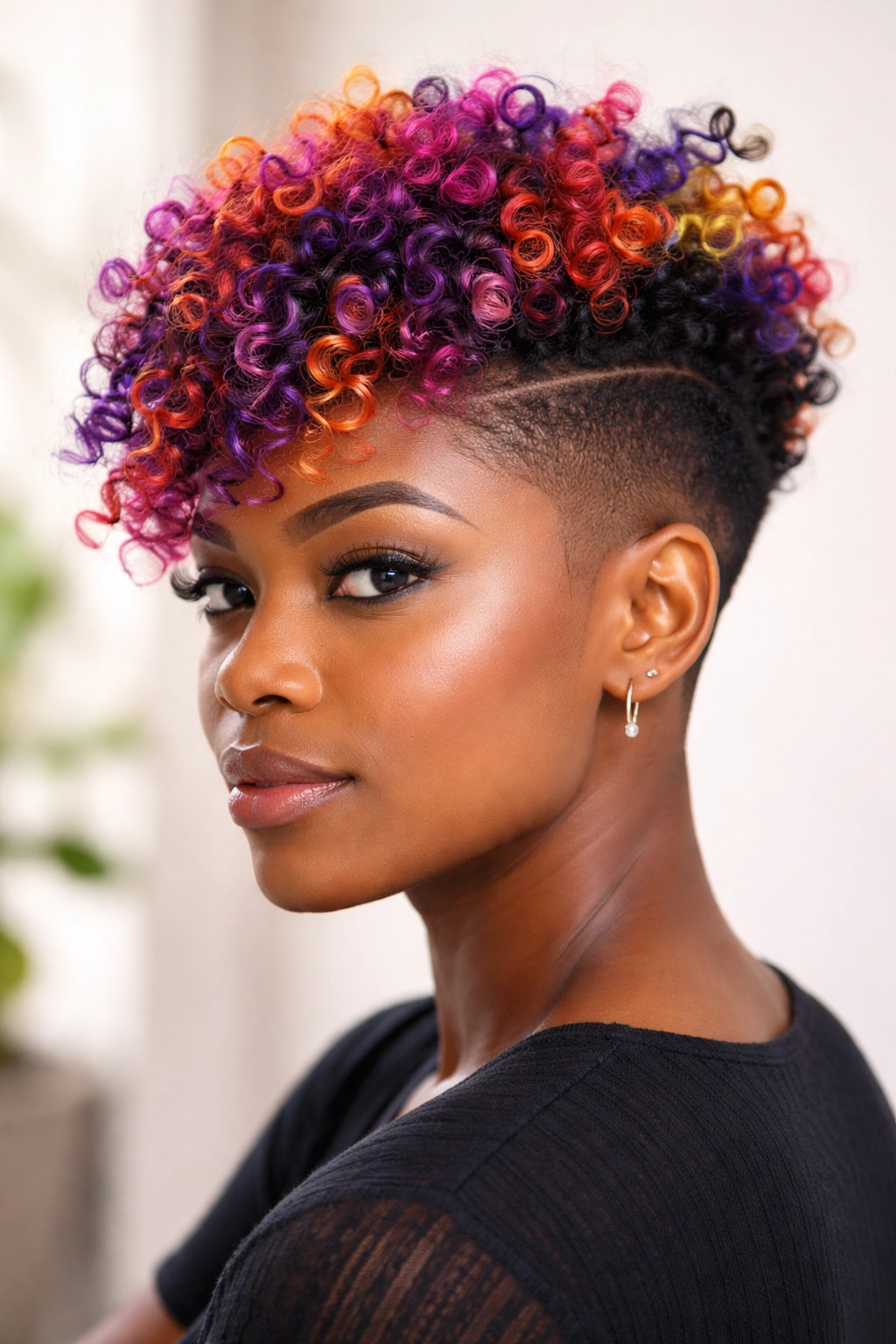 Fade on the sides with colorful curls on top in vibrant hues