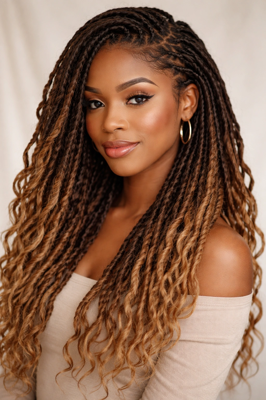 Two-tone faux locs displaying two colors across the locs