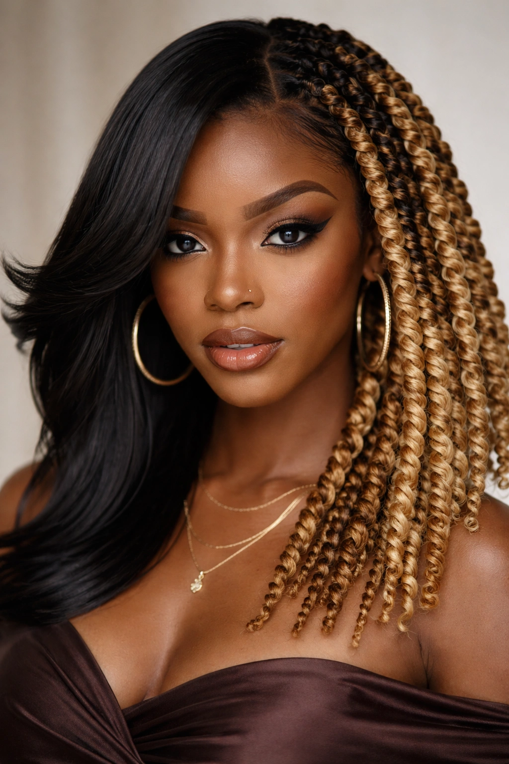 Close-up of a two-tone twisted flip hairstyle with straight and curly sections on a Black woman