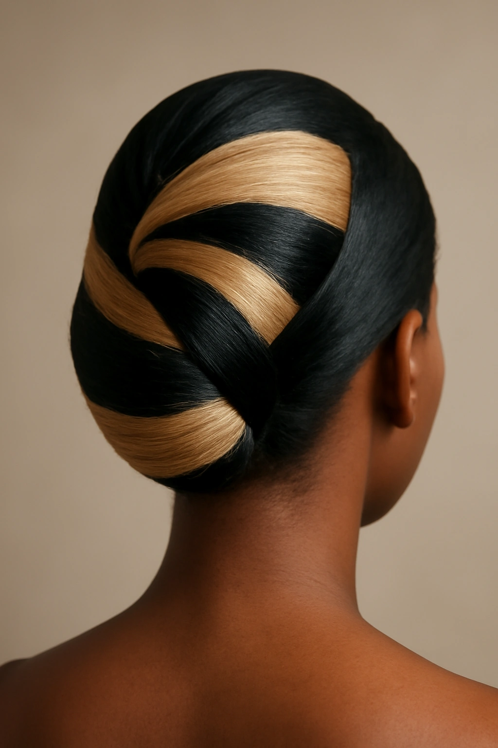 12 Elegant French Roll Updos Every Black Woman Needs 5 Back view of a two-tone geometric French roll with distinct color blocks