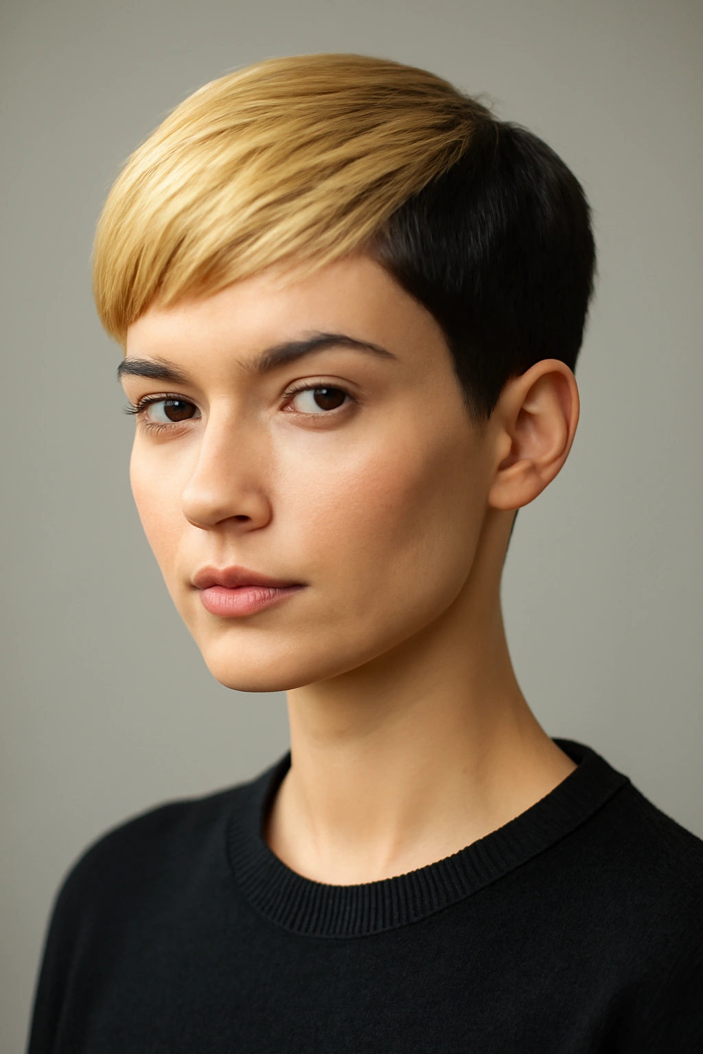 20 Pixie Styles Ranging From Classic To Edgy 15 Portrait of a person with a two-tone pixie showing bold color separation on top and sides