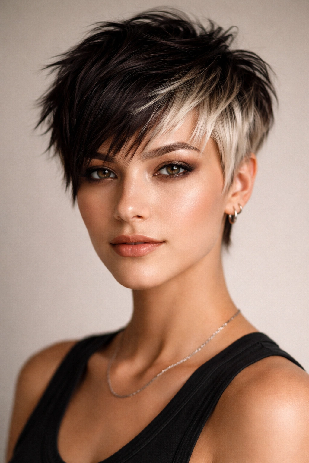 15 Choppy Pixie Cuts Full Of Edge And Texture 13 Close-up of a two-tone choppy pixie with dark crown and lighter sides