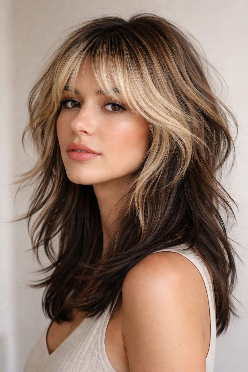 18 Medium Shaggy Cuts With Built In Movement 15 Close-up of a two-tone shag showing depth with layered light and dark colors