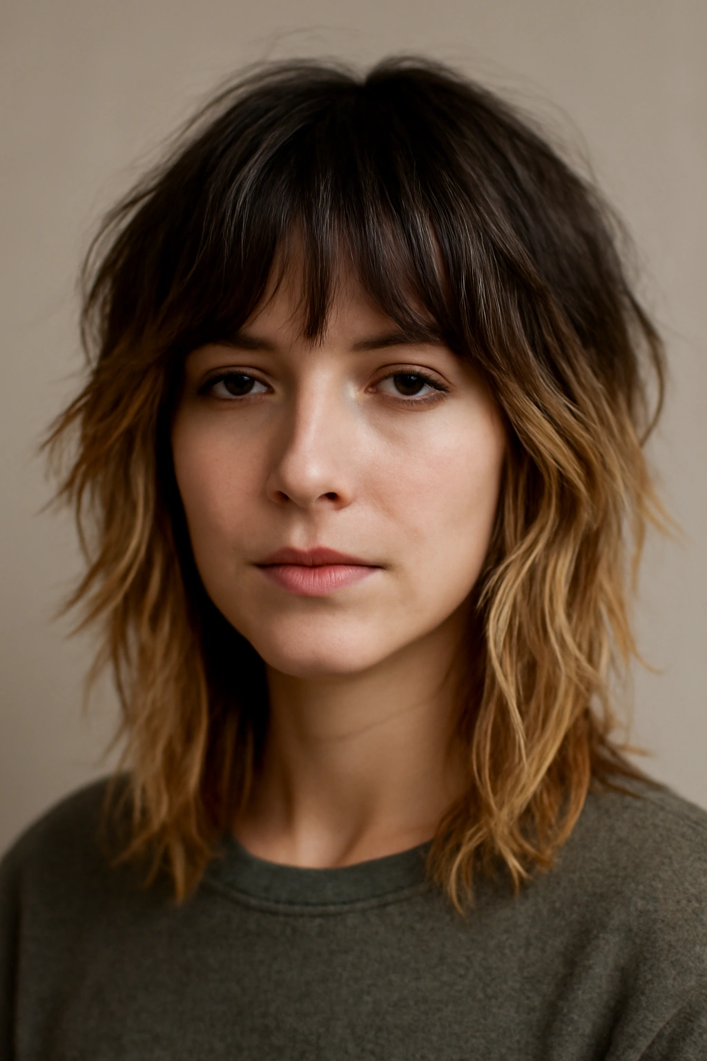20 Short Shag Haircuts for Easy, Effortless Mornings 13 Close-up of a person with a two-tone shag showing dark roots and honey-blonde layers.